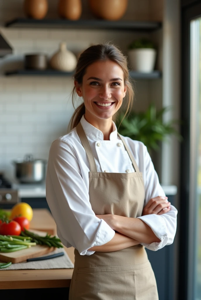 "A professional-looking, 3 American female , wearing a modern chef's coat and apron in a well-lit, stylish kitchen. She should appear friendly and confident,with a warm smile. The kitchen background should include sleek countertops, fresh ingredients, and soft natural lighting, creating a welcoming and inspiring atmosphere."