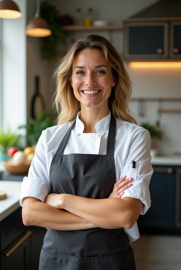 "A professional-looking, 3 American female , wearing a modern chef's coat and apron in a well-lit, stylish kitchen. She should appear friendly and confident,with a warm smile. The kitchen background should include sleek countertops, fresh ingredients, and soft natural lighting, creating a welcoming and inspiring atmosphere."