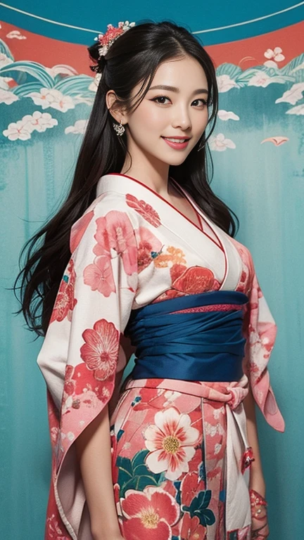 (SeaArt creates stunning illustrations of beautiful women in kimono)、Vividly colored Japanese Ukiyo-e style illustrations、A beautiful woman smiles and shows her upper white teeth、Brown-black long hair、Beautiful full body style、If you want to dance, let's dance, Tokyo Ondo, Yoi Yoi、Beautiful new digital paintings,、Bright vibrant digital anime art、 Beautiful anime portraits、background,Torii gate front of Japanese shrine、 Detailed digital anime art、
