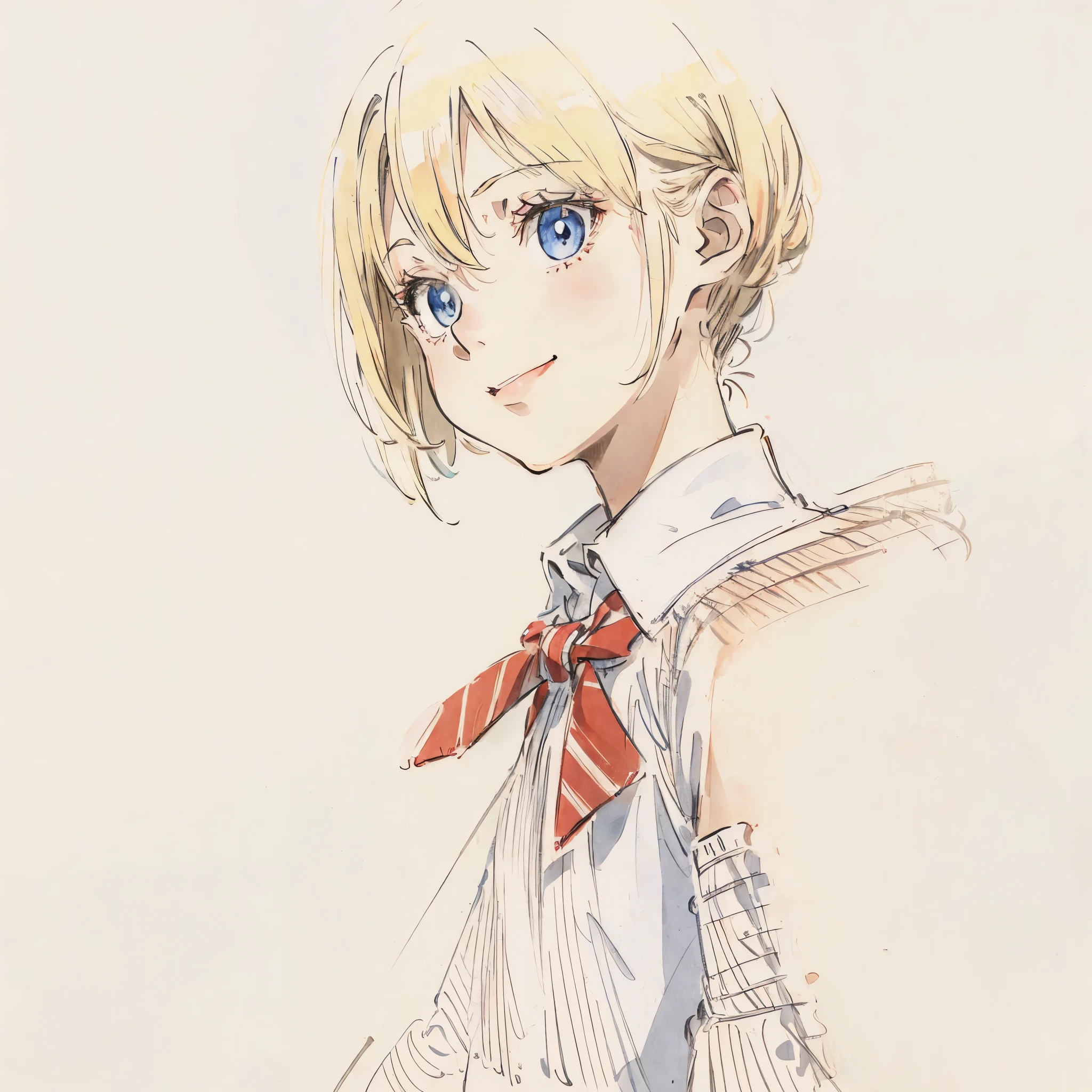 a girl with shoulder-length, blonde hair, her hair loose, blue eyes, cute smile, wearing a white shirt with a red striped tie, (white background), Doraemon style art