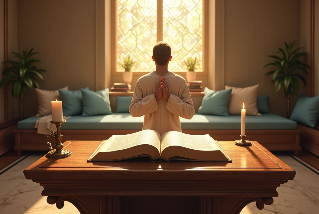 "Develop a realistic and touching scene that shows a Bible as background in an inspiring environment for prayer. Imagine a quiet morning, with soft golden light filtering through a large stained glass window, projecting patterns of light on the environment. In the centre of the scene, place an open Bible on a carved wooden pedestal with pages visibly marked by usage marks and some personal notes in plain view.

Around the Bible, create a prayer space in a chapel or meditation room setting, decorated with details that convey a sense of reverence and peace. Include a polished wooden prayer bench, comfortable cushions in blue and cream tones, and a small water fountain with a light current, adding a soft and soothing sound.

In the background, insert a small shelf or niche with other spiritual works and lighted candles, creating an atmosphere of tranquility. For an additional touch of realism and inspiration, add a person, dressed in simple and elegant clothes, in a prayer or meditation posture, with his head tilted and hands joined.

The color palette should include warm and relaxing tones - golden, blue and neutral - that help create an atmosphere of peace and contemplation. The soft light and meticulous details should highlight the Bible as the central focus of the prayer environment."

