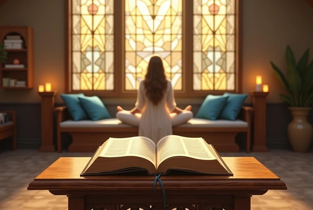 "Develop a realistic and touching scene that shows a Bible as background in an inspiring environment for prayer. Imagine a quiet morning, with soft golden light filtering through a large stained glass window, projecting patterns of light on the environment. In the centre of the scene, place an open Bible on a carved wooden pedestal with pages visibly marked by usage marks and some personal notes in plain view.

Around the Bible, create a prayer space in a chapel or meditation room setting, decorated with details that convey a sense of reverence and peace. Include a polished wooden prayer bench, comfortable cushions in blue and cream tones, and a small water fountain with a light current, adding a soft and soothing sound.

In the background, insert a small shelf or niche with other spiritual works and lighted candles, creating an atmosphere of tranquility. For an additional touch of realism and inspiration, add a person, dressed in simple and elegant clothes, in a prayer or meditation posture, with his head tilted and hands joined.

The color palette should include warm and relaxing tones - golden, blue and neutral - that help create an atmosphere of peace and contemplation. The soft light and meticulous details should highlight the Bible as the central focus of the prayer environment."

