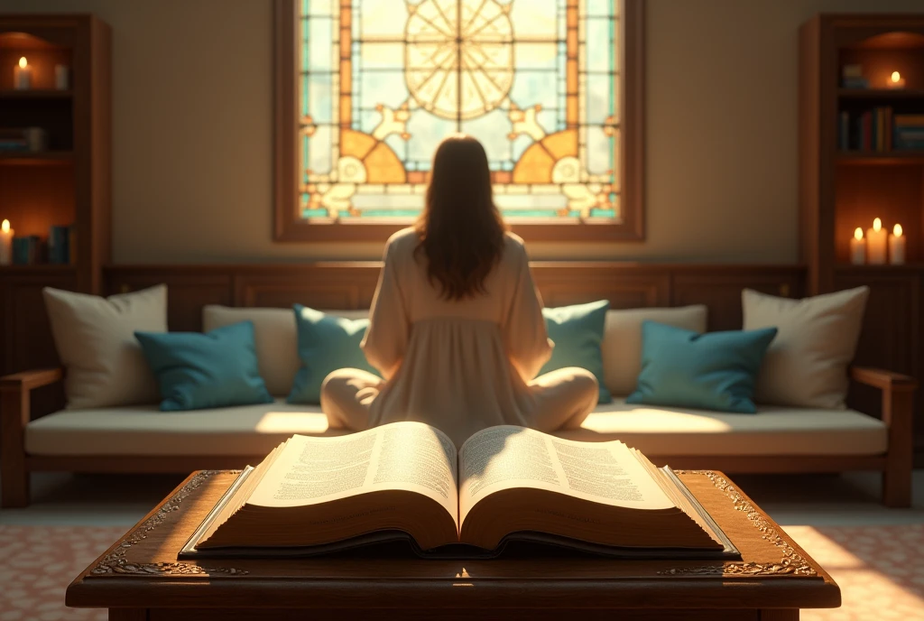 "Develop a realistic and touching scene that shows a Bible as background in an inspiring environment for prayer. Imagine a quiet morning, with soft golden light filtering through a large stained glass window, projecting patterns of light on the environment. In the centre of the scene, place an open Bible on a carved wooden pedestal with pages visibly marked by usage marks and some personal notes in plain view.
Around the Bible, create a prayer space in a chapel or meditation room setting, decorated with details that convey a sense of reverence and peace. Include a polished wooden prayer bench, comfortable cushions in blue and cream tones, and a small water fountain with a light current, adding a soft and soothing sound.
In the background, insert a small shelf or niche with other spiritual works and lighted candles, creating an atmosphere of tranquility. For an additional touch of realism and inspiration, add a person, dressed in simple and elegant clothes, in a prayer or meditation posture, with his head tilted and hands joined.
The color palette should include warm and relaxing tones - golden, blue and neutral - that help create an atmosphere of peace and contemplation. The soft light and meticulous details should highlight the Bible as the central focus of the prayer environment."