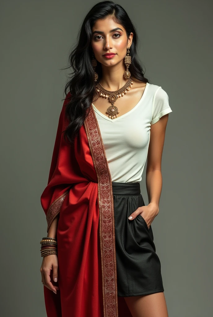 A lady with half left side old saree jewellary get up and half right modern small skart and tshirt get up