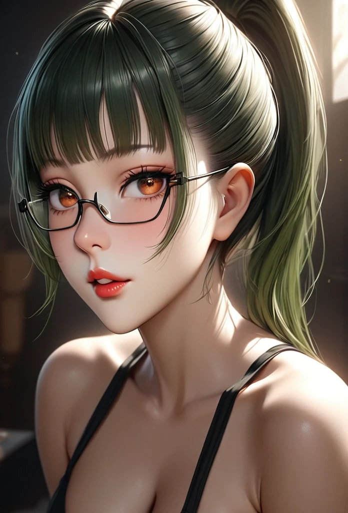 1girl, elegant erotic beautiful girl, big breasts, ((green hair)), ((long green hair with pony tail and straight bangs)), glasses, maxi dress, adultery, indecent, vulgar, (best quality,4k,8k,highres,masterpiece:1.2),ultra-detailed,(realistic,photorealistic,photo-realistic:1.37),intricate details, delicate facial features, beautiful amber eyes, ulzzang, long eyelashes, small nose, full lips, porcelain skin, natural lighting, warm color palette, chiaroscuro lighting, dramatic shadows, sensual, alluring, mature themes, artistic, dreamlike, ethereal, sideboob, cleavage, looking at viewer, ulzzang, (amber eyes), (close up face portrait),
