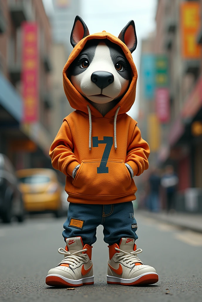 Toy ART, sculptures, urban art, Munny, bull terrier , wearing a sweatshirt and Nike sneakers 
