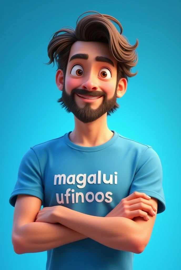 Pixar drawing of a handsome 2 man with brown eyes, beard, medium long straight wavy hair, wearing a blue shirt with "Magalurufinoos" written on it, with his arms crossed, facing the camera. with blue studio background