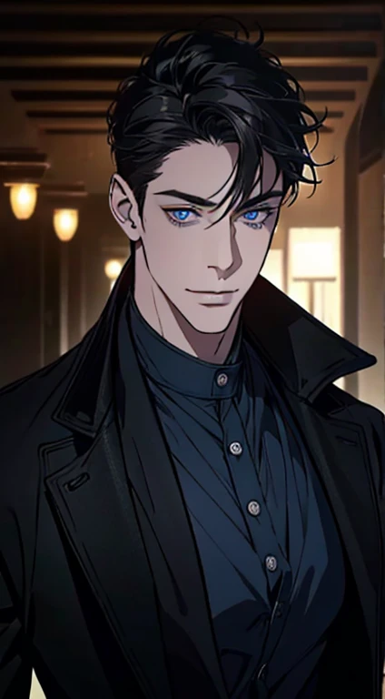 a mature man with short grey Black hair, blue eyes, 31 years, and a perfect face, smiling in love, CEO, cinematic lighting, 1:4 HDR image, top view, ultra detailed, best quality, masterpiece, 8K, photorealistic, beautiful image