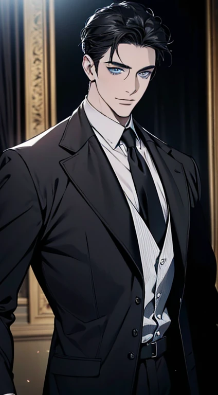 a mature man with short grey Black hair, blue eyes, 31 years, and a perfect face, smiling in love, CEO, cinematic lighting, 1:4 HDR image, top view, ultra detailed, best quality, masterpiece, 8K, photorealistic, beautiful image