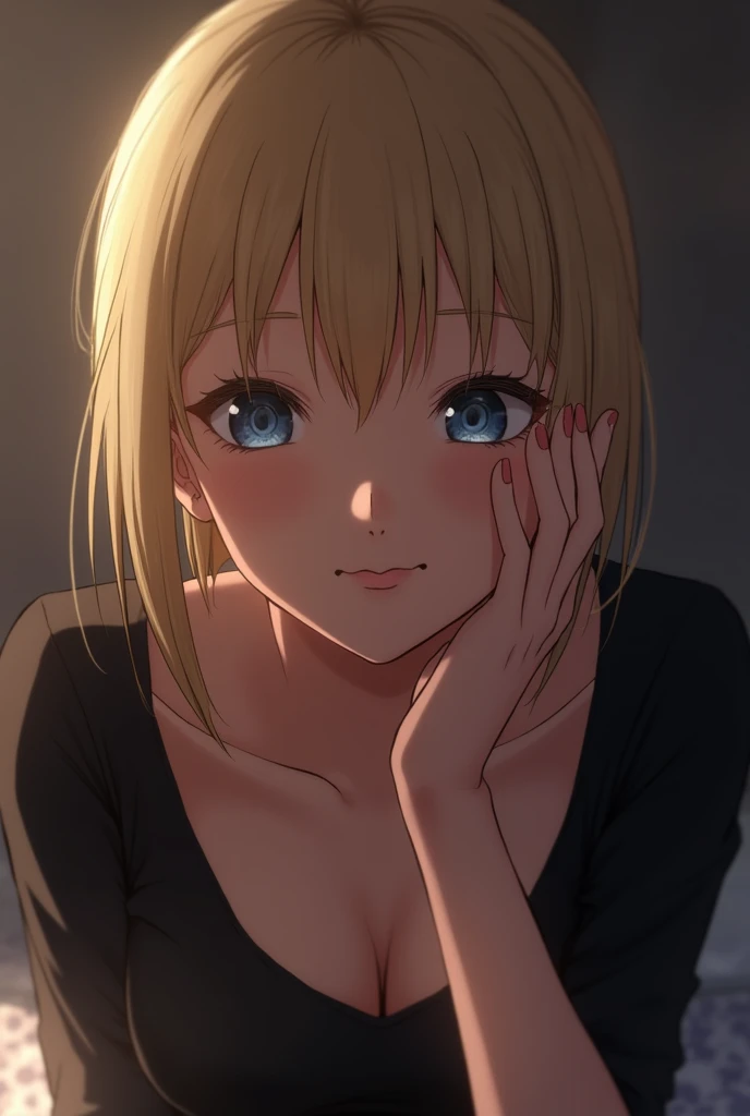 A submissive woman ((kneeling on the floor)) is looking at me while in first person view I caress her face, She has short straight blonde hair, being a natural blonde with bangs on her forehead and blue eyes. She wears a simple black outfit. ((First person view)) as if I myself was standing in front of her stroking her face, I see my arm stretched out and my hand caressing her face as she rests her face on my hand to feel my caresses, she has a satisfied expression with a small sweet smile.