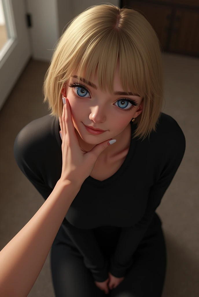 A submissive woman ((kneeling on the floor)) is looking at me while in first person view I caress her face, She has short straight blonde hair, being a natural blonde with bangs on her forehead and blue eyes. She wears a simple black outfit. ((First person view)) as if I myself was standing in front of her stroking her face, I see my arm stretched out and my hand caressing her face as she rests her face on my hand to feel my caresses, she has a satisfied expression with a small sweet smile.