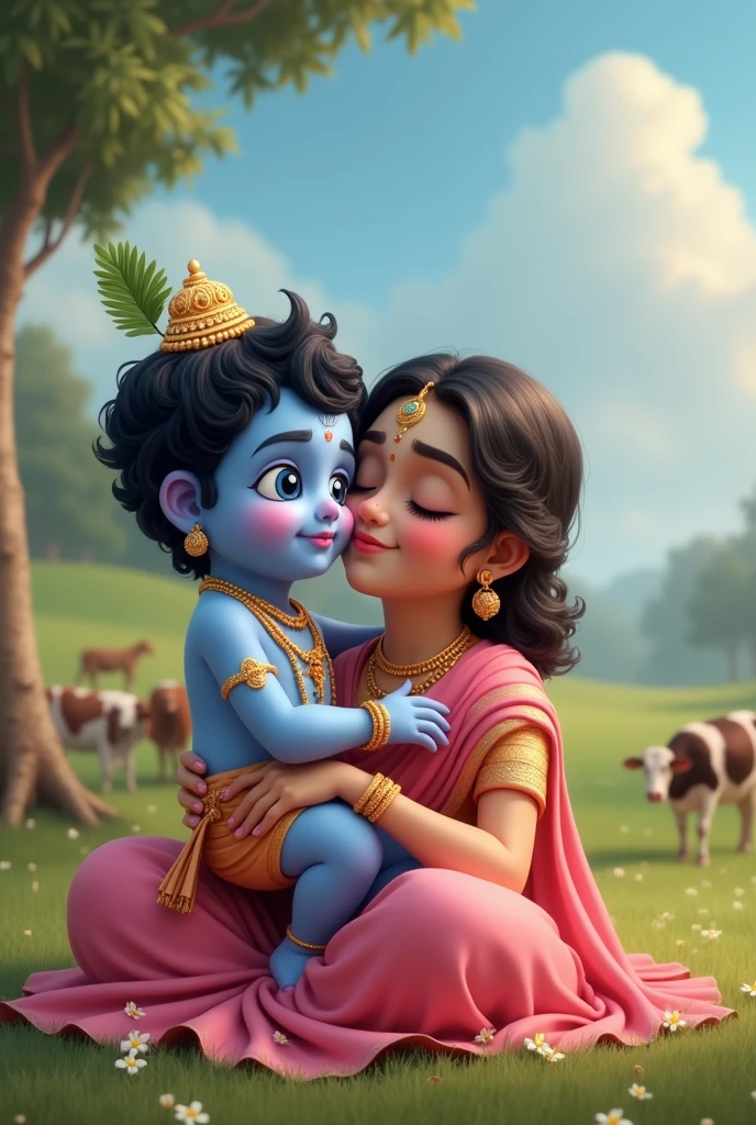 Generate image of cutest new born little krishna with light jewellery facing our side with big fluffy cheeks and big eyes in blue color and body also sky blue color with his beautiful mother in white color body wearing pink saree and lot of jewellery who is standing and holding him in her lap kissing his cheeks with background of trees and cows along with caption happy krishnashtami.