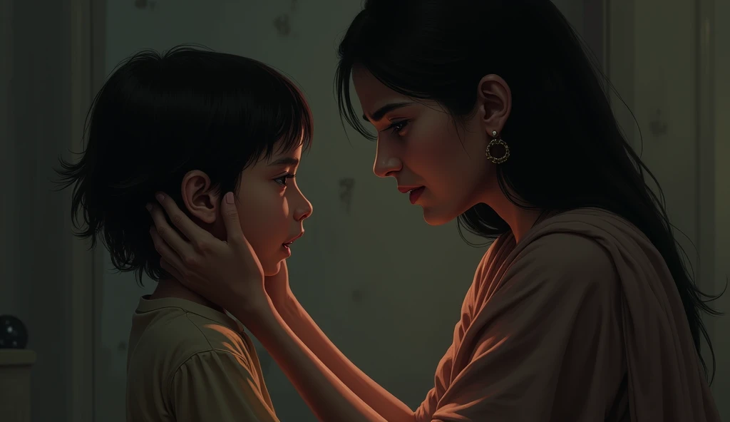 The child stares at Savita with a blank, cold expression and finally whispers his name, "Anand," before slipping away from her grasp.