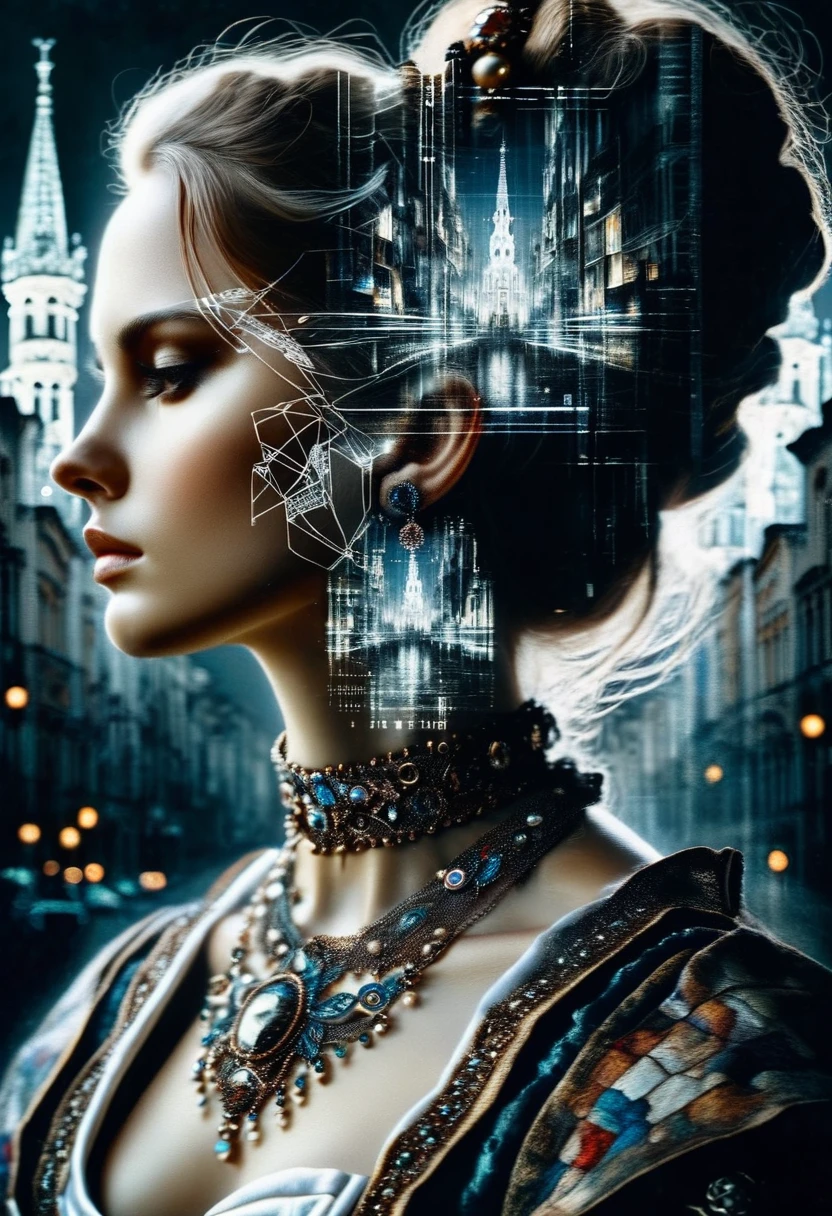 4D double exposure: Portrait of ((Slavic goddess with double exposure of futuristic city streets in her head)), In the background the city in Renaissance costume, Oil painting, 3/4 Profile view, beautiful necklace, luxurious fabrics, detailed embroidery, Atmospheric light-dark lighting, High resolution