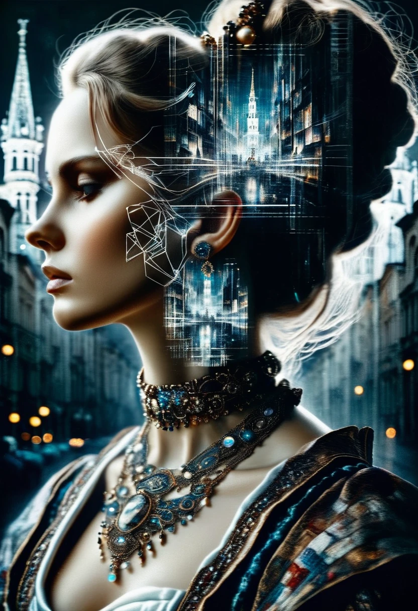 4D double exposure: Portrait of ((Slavic goddess with double exposure of futuristic city streets in her head)), In the background the city in Renaissance costume, Oil painting, 3/4 Profile view, beautiful necklace, luxurious fabrics, detailed embroidery, Atmospheric light-dark lighting, High resolution