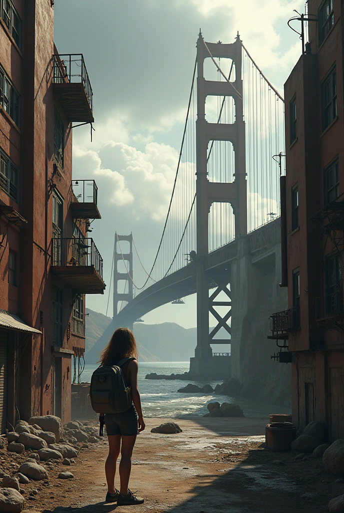 Desolate landscape has the deteriorated Golden Gate Bridge in the middle of the image, Seen by a dirty girl with a backpack on her back from a balcony of a dilapidated, decaying building, the bridge is between several tall, dilapidated and abandoned buildings, post-apocalyptic scenario, there is a reinforced concrete walkway connecting two dark buildings on the horizon, There are many power lines hanging from the bridge, and rusty traffic lights, There are high voltage wires falling from the bridge, there are curved metal buildings on the horizon everywhere, has smoky metal structures, rusty and abandoned cars on the streets, desert megalopolis, alto buildings and collapsing to the ground, afternoon sunlight, dark gray sky, dark night in the sky, as realistic as possible, as detailed as possible, as realistic as possible, ultra realism
