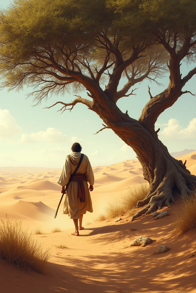 A man is walking under a tree in the desert