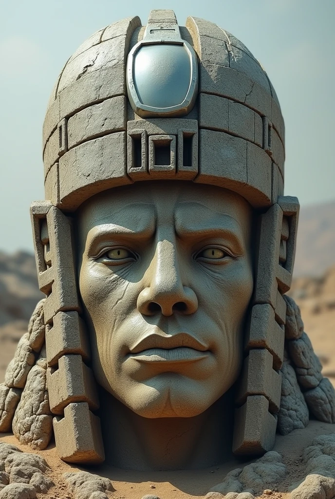 Colosal Olmec Head Aztec made by rock, with a army helmet from the future, HD, Detailed, front view , like a photo