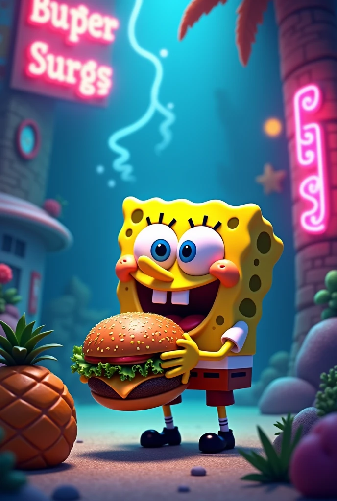 Spongebob with a burger with neon led