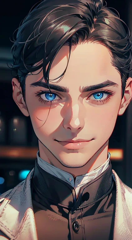 a mature man with short grey Black hair, blue eyes, 31 years, and a perfect face, smiling in love, CEO, cinematic lighting, 1:4 HDR image, top view, ultra detailed, best quality, masterpiece, 8K, photorealistic, beautiful image