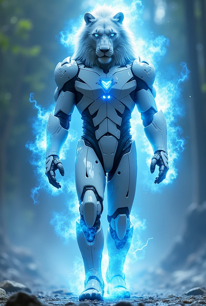 A lion with tech suit of white n blue colour in that suit blue radiation in coming out and change lion with a person and get him a helmet of blue colour 
