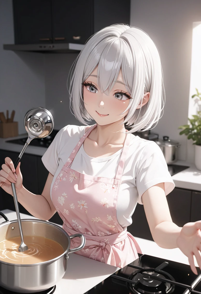 masterpiece, perfect quality, high detailed, glowing particles, ambient lights, cute, full body detailed, 32K, perfect lighting, perfect anatomy, soft light, BREAK ((shiny silver hair)), bob cut, bang between eyes, beautiful hair), (glossy silver eyes:1.5), (beautiful eyes, twinkle eyes, large eyes, close eyes), BREAK (athlete body, large breasts), cute face, beautiful face, pretty face, beautiful, best quality, good anatomy, long eyelashes, expressive eyes, Perfect Hands, BREAK pink botanical print apron, white shirt, short sleeves, morning, kitchen, 1girl, There is a pot on the stove that is being lit, there is a pot-au-feu of clear soup in the pot, and the girl is holding a ladle in her right hand and mixing the contents of the pot, happy, smile,