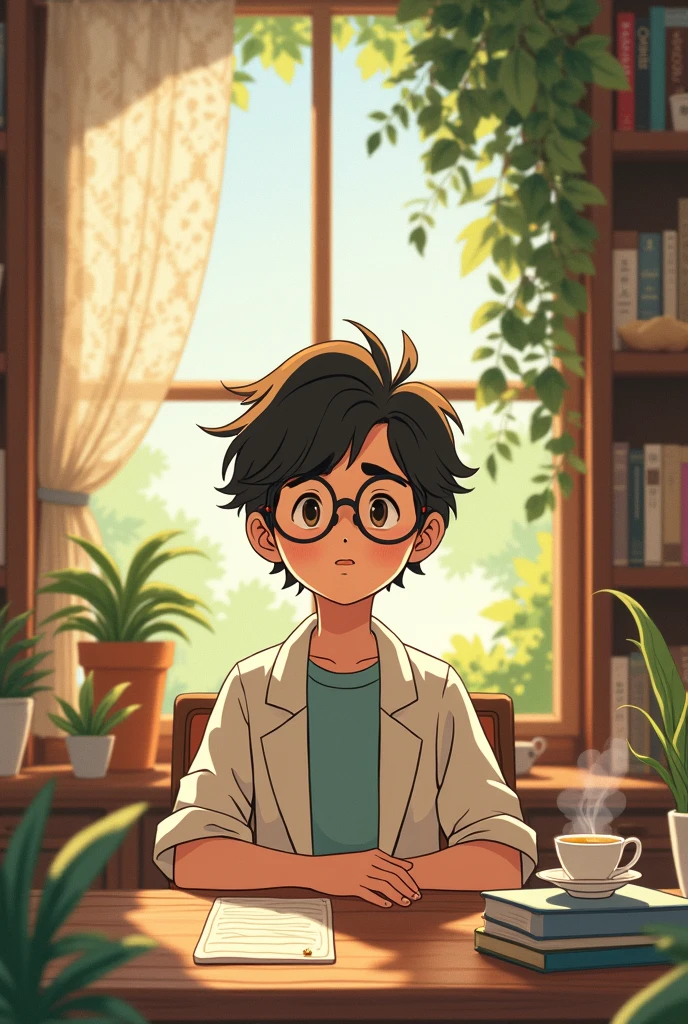 Hello, I want an animated image like Studio Ghibli of a psychologist with slanted eyes, short and young hair