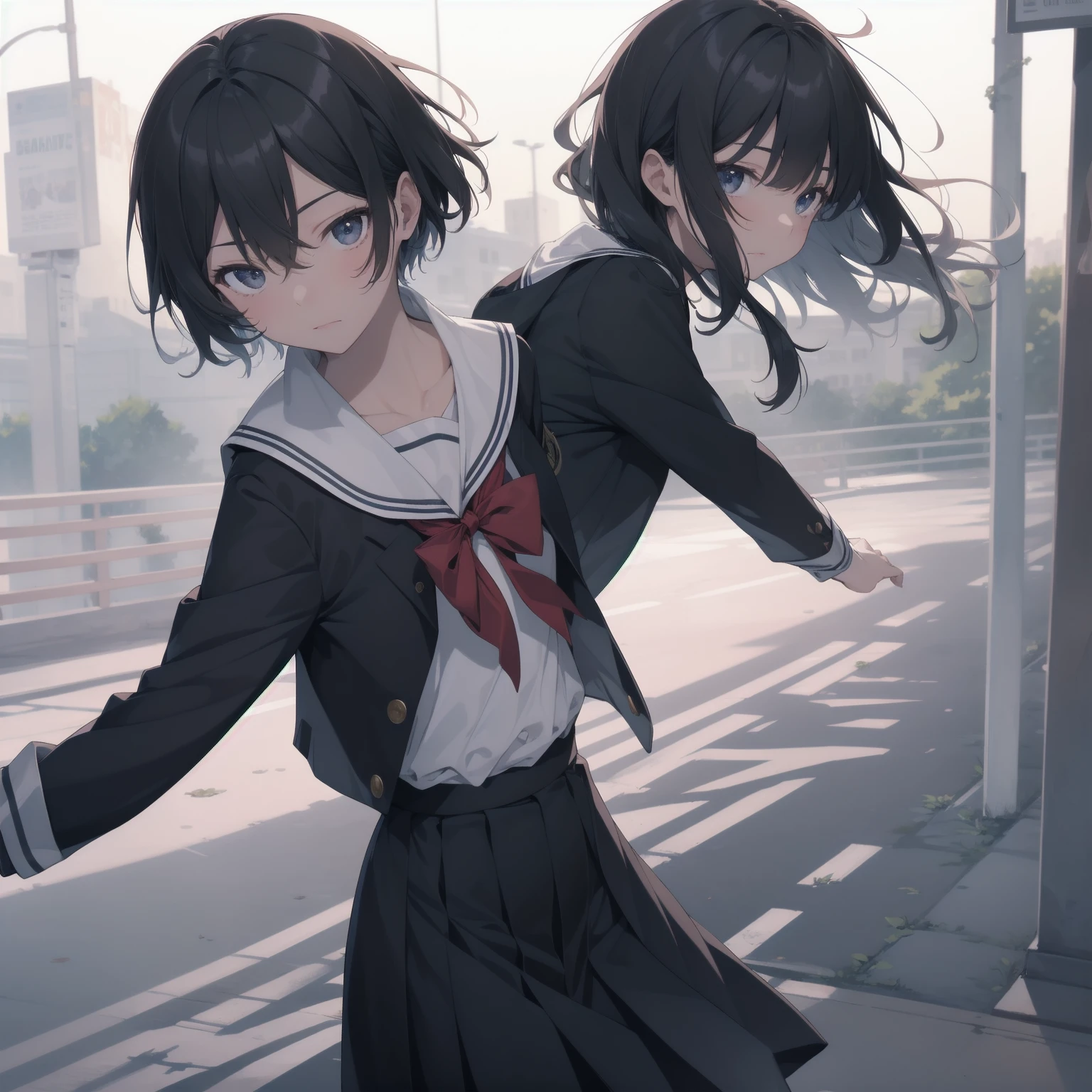 ultra-absurdres-Top quality by artist God, ultra-detailed, high resolution, anime moe artstyle, best anime 8k konachan wallpaper, pixiv contest winner, pool:2810, perfect anatomy,break, 1girl, (Please draw a girl walking sleepily to school alone. )break,(Solo,little female,15yo:1.3),Full limbs, complete fingers,a junior high school student, (very short hair), short cut, flat chest, , small butt, small black eyes, beautiful detailed eyes, well-proportioned iris and pupils, expressive eyes, highres detailed hair, soft expression, salor school_uniform, sailor collar, serahuku, bow, pleated skirt,(Detailed Lighting), (Detailed background), in the School commute route. break,super detailed skin, Best cinematic lighting powered by famous artist, 8k,beauty illustration,photoshop_(medium),very aesthetic,break,((artist:mery_(yangmalgage) )), artist:clamp ,artist:carnelian ,artist:kantoku ,