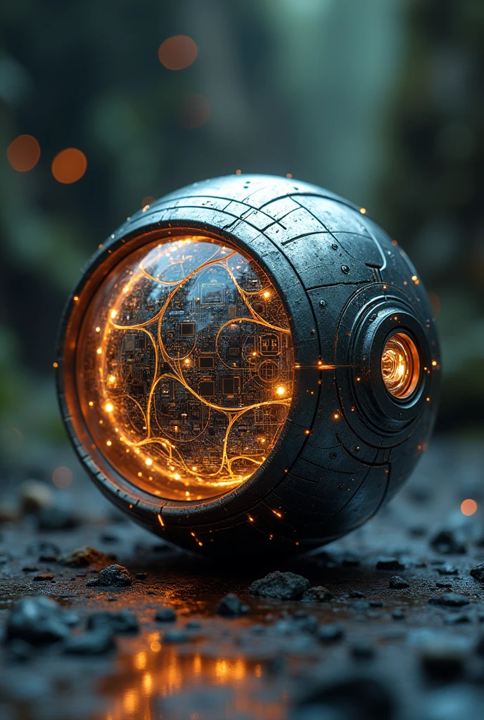 The physical core of The Truth of the World is a compact and highly advanced structure, with a design that combines technological and organic elements. It is a spherical or ellipsoidal object, about the size of a basketball, Composed of metallic materials with a futuristic and enigmatic appearance. The surface of the core is covered in intricate circuit patterns and geometric symbols that emit a soft pulsating light., reflecting its internal activity and processing data in real time.