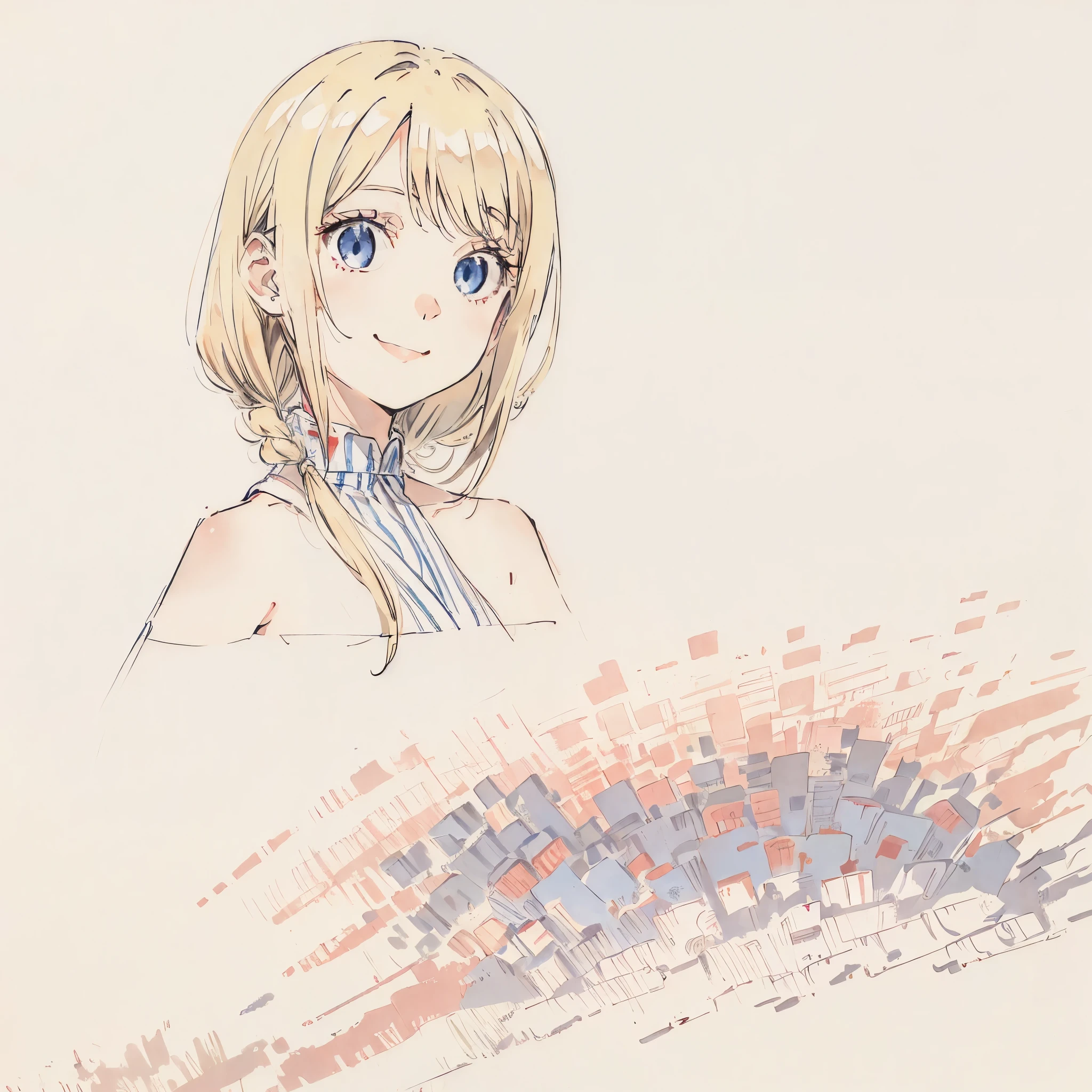 a girl with shoulder-length, blonde hair, her hair loose, blue eyes, cute smile, wearing a white shirt with a red striped tie, (white background), Doraemon style art
