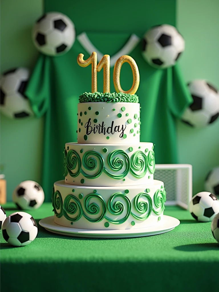 birthday cake in green and white colors with the word 110 written on it on a table decorated with a soccer theme ,realistic, high quality graphics