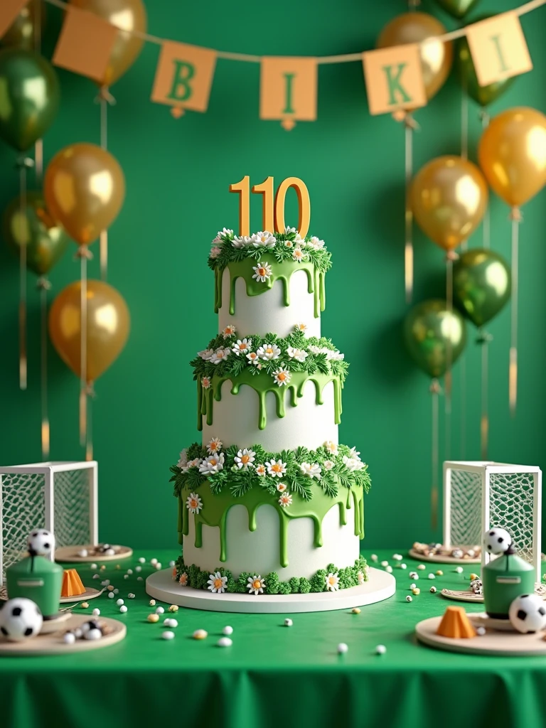 birthday cake in green and white colors with the word 110 written on it on a table decorated with a soccer theme ,realistic, high quality graphics
