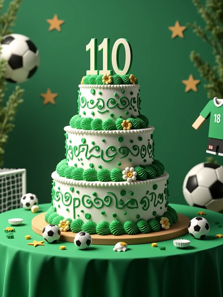 birthday cake in green and white colors with the word 110 written on it on a table decorated with a soccer theme ,realistic, high quality graphics