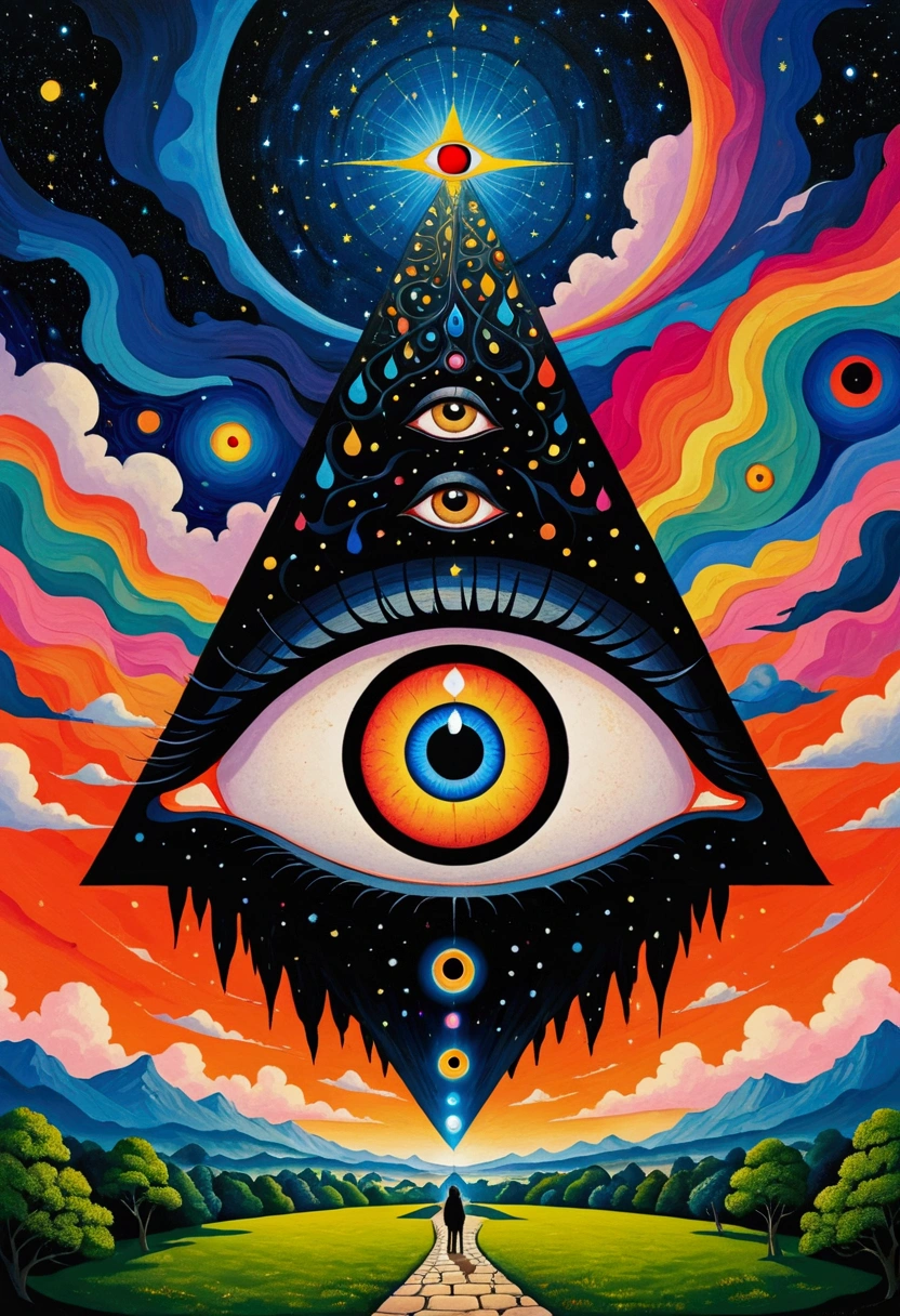 There is a big eye in the painting,There is a castle in the background, Colorful black,Starry Sky,Surrealism inspired by Nagai Hiroshi, Winner of the Behance competition, Minimalism, Portrait of a mysterious giant eye, All-Seeing Eye, Third Eye Vision, Fred Tomaselli, Paul Lafley, Fantasy painting, Mysterious eyes, The Third Eye, Highly detailed fantasy art, Mysterious Eye