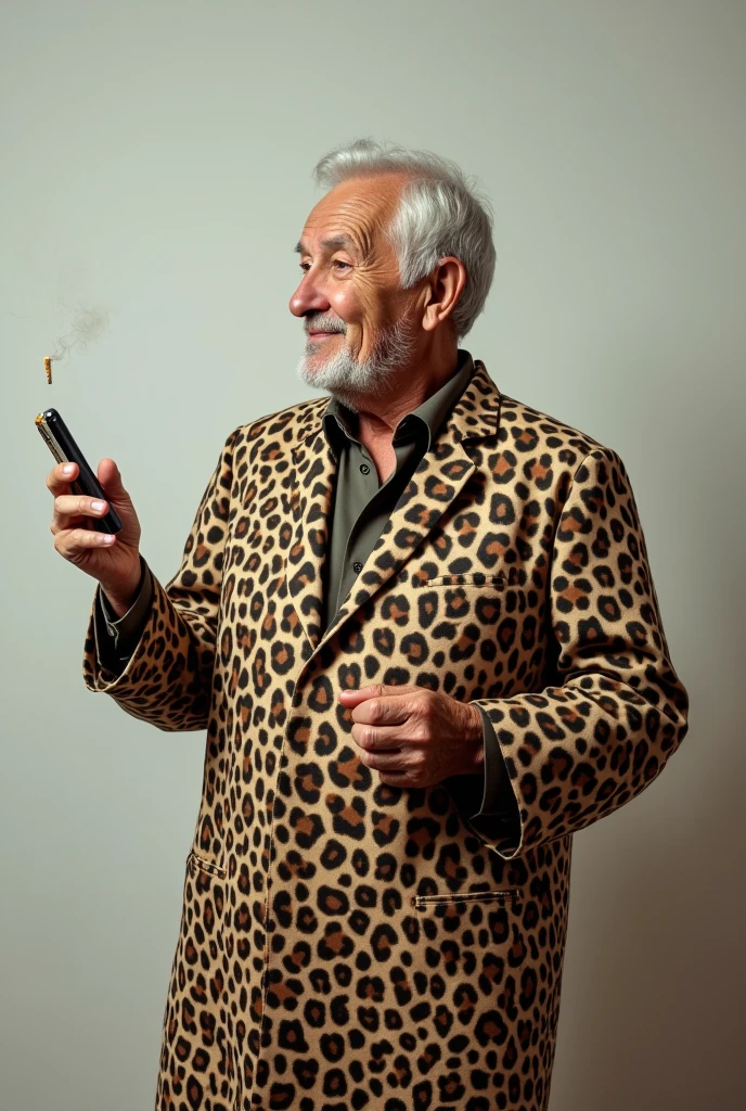 A photo where an old grandpa is wearing a leopard print dress and is holding a cell phone in his hand with a leopard print phone case on it and in the other hand he is smoking and at the top is his name Mia.lnsh