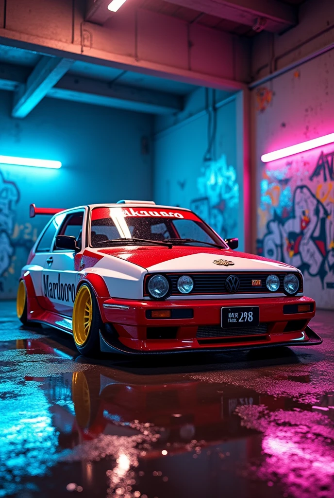 can u crate a golf 4 with bodykit and marlboro red design in a garage with neon blue and pink and the garage is all wet with graffiti design and yellow wheels rotate the vehicle to the left