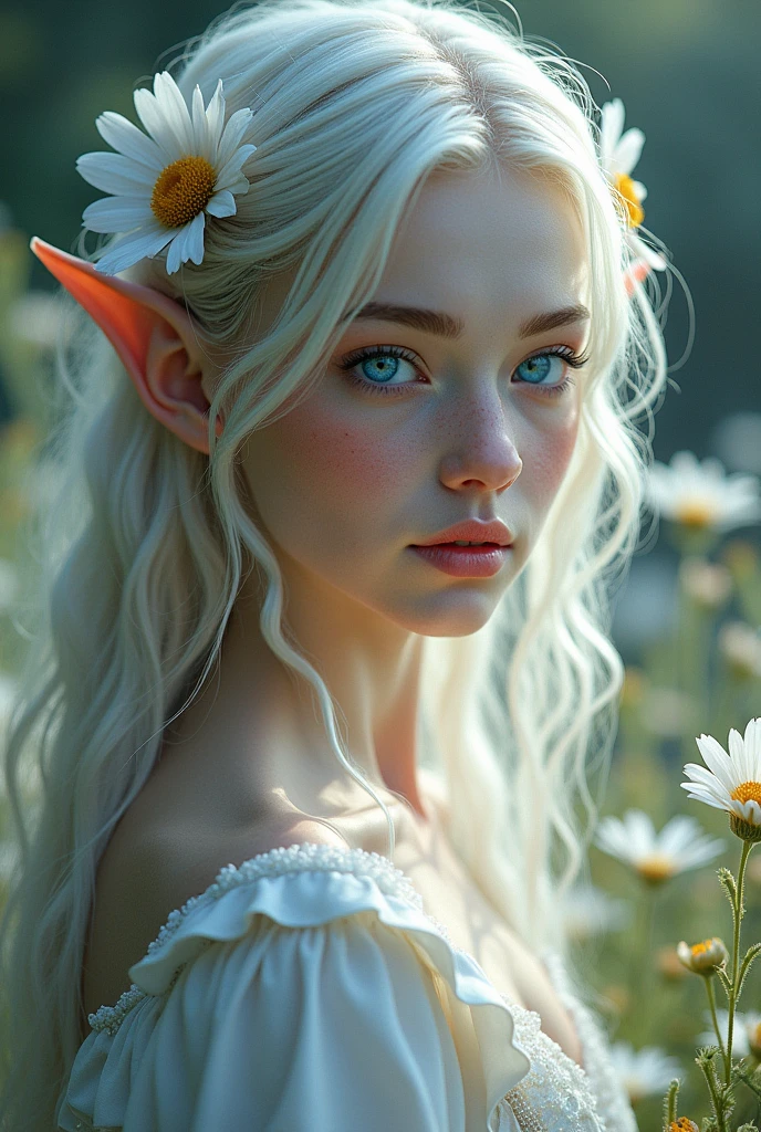 Elf bright blue eyes, extremely beautiful about 1. In white clothes and with wild flowers