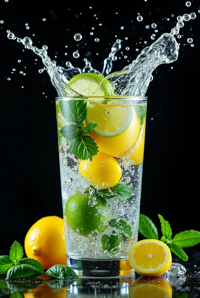 (Movie-like photos:1.3) of (Realistic:1.3) a studio shot of a (explode:0.2) (Low gravity of fruit:1.1) (Splash:0.9) a glass of water with harbs, Contains lemon and lime, Splash Image, Full Color, In Kamba, splashes of liquid, Drink, Mint and basil, Next to lemon and lime, Strong colors, ticker, Invoking joy, Water swirls, Fred Marcellin, Top selection when splash is removed, professional food photography, Artistic photography. Black background