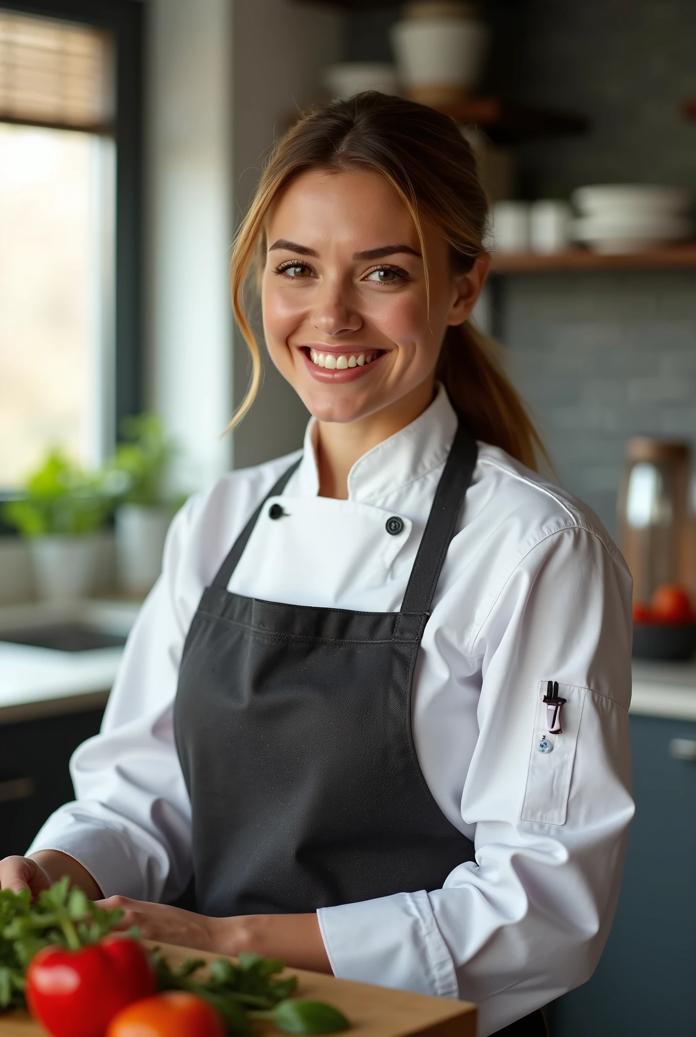"A professional-looking, 3 American female , wearing a modern chef's coat and apron in a well-lit, stylish kitchen. She should appear friendly and confident,with a warm smile. The kitchen background should include sleek countertops, fresh ingredients, and soft natural lighting, creating a welcoming and inspiring atmosphere."