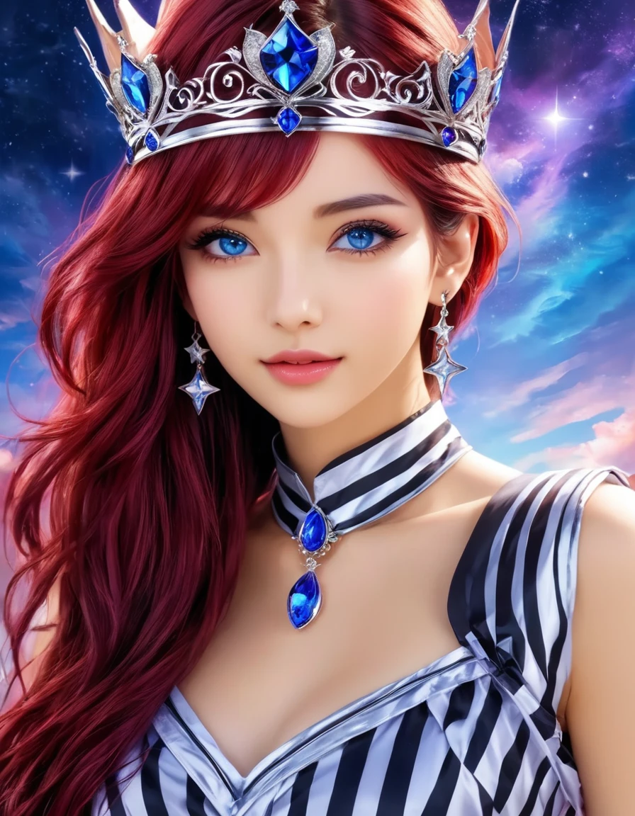 An animated image of a girl with long red hair and blue eyes. She is wearing a black and white striped dress and earrings. Her hair is a vibrant shade of purple. Her eyes are a piercing blue. Her eyebrows are a darker shade of blue. She has a silver crown on her head. The background behind her is a dark blue with stars in the sky. ImgFixerPre0.3