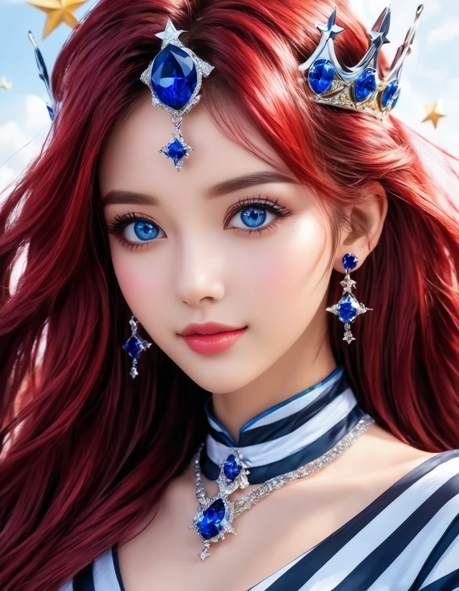 An animated image of a girl with long red hair and blue eyes. She is wearing a black and white striped dress and earrings. Her hair is a vibrant shade of purple. Her eyes are a piercing blue. Her eyebrows are a darker shade of blue. She has a silver crown on her head. The background behind her is a dark blue with stars in the sky.  ImgFixerPre0.3