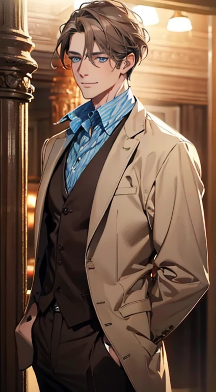 a mature man with short grey Brown hair, blue eyes, 34 years, and a perfect face, smiling in love, CEO, cinematic lighting, 1:4 HDR image, top view, ultra detailed, best quality, masterpiece, 8K, photorealistic, beautiful image