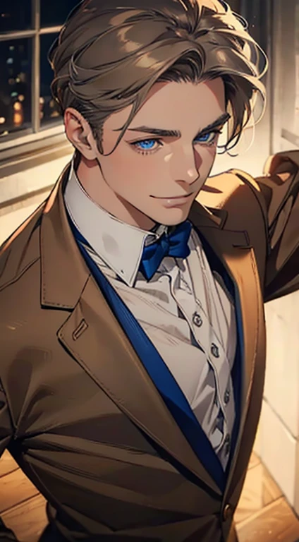 a mature man with short grey Brown hair, blue eyes, 34 years, and a perfect face, smiling in love, CEO, cinematic lighting, 1:4 HDR image, top view, ultra detailed, best quality, masterpiece, 8K, photorealistic, beautiful image