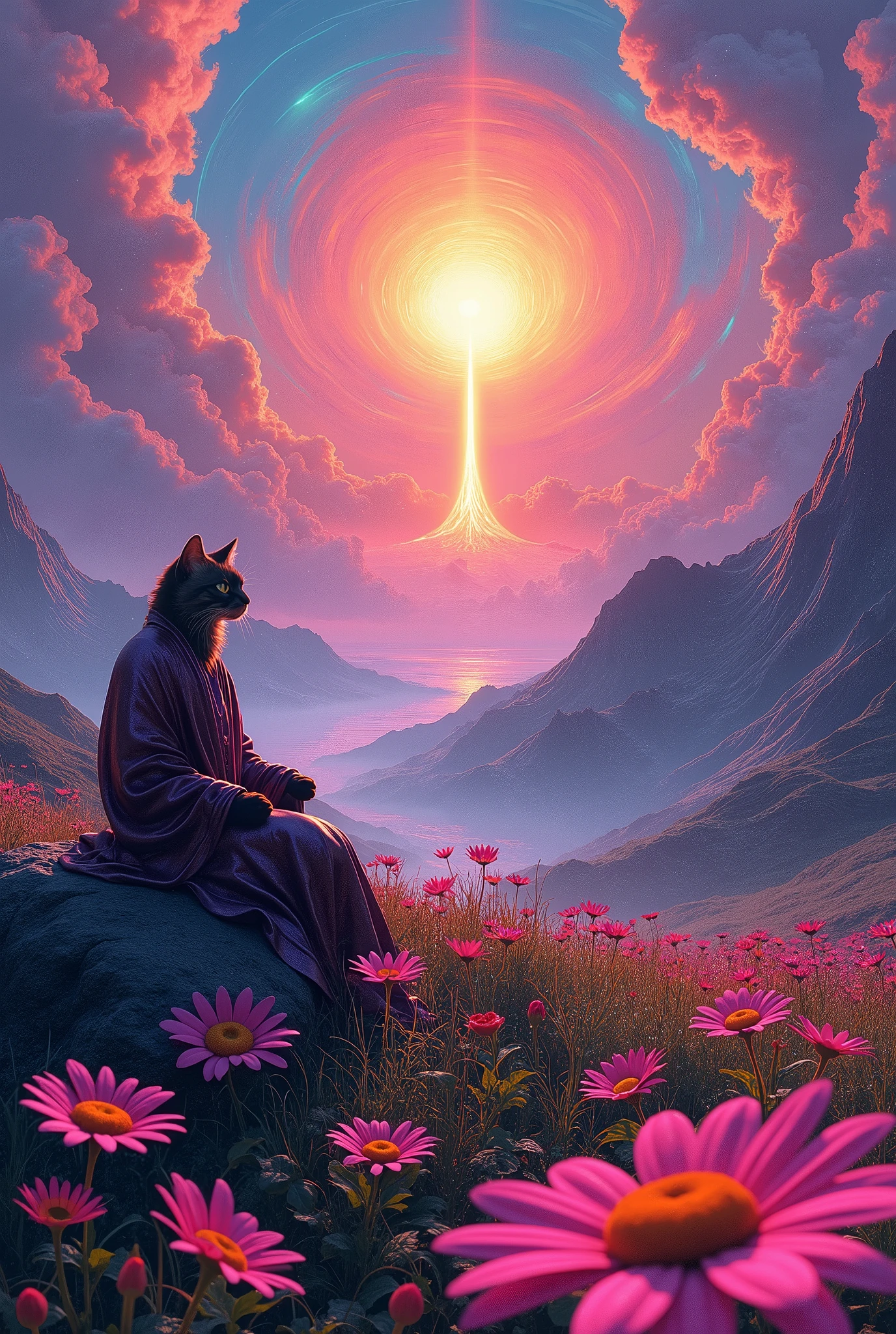 Create a psychedelic, surreal landscape with a glow, radiant sunbeam in the center, surrounded by whirlpools, neon colored clouds. The scene should present a vibrant, volcano spewing lava in the background, and a grassy field in the foreground filled with large, brightly colored daisies. Includes a cat figure dressed in shiny clothes, flowing robes, resting peacefully on a rock. The overall style should be highly detailed., with intense, saturated colors, bold contrasts, and a trip, supernatural atmosphere that blends natural and fantastic elements perfectly.