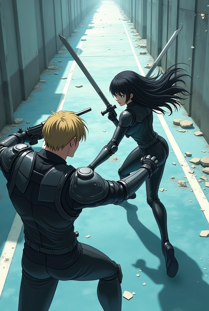 The image is anime style with shadows and dim lights, anime style although somewhat adult and dark, It shows a scene of a wide street with white walls., and whose soil, It&#39;s like crystal clear water, which perfectly reflects what happens on its surface. On that street a man with medium-length blond hair is fighting, wearing armor on his arms and holding a gun., fights against a single android with long black hair and a latex suit holding two swords in her hands. The image is focused from above, so you can barely see the fighters in question. The man&#39;s metal arm deflects a sword blow from the android and the shock wave destroys a wall