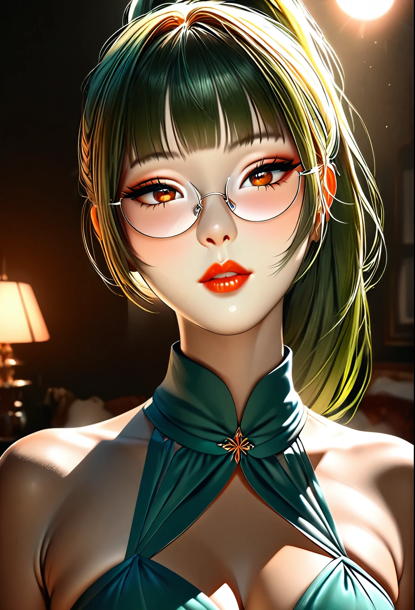 1girl, elegant erotic beautiful girl, ((long green hair with pony tail and straight bangs)), detailed face portrait, glasses, maxi dress, adultery, indecent, vulgar, (best quality,4k,8k,highres,masterpiece:1.2),ultra-detailed,(realistic,photorealistic,photo-realistic:1.37),intricate details, delicate facial features, beautiful amber eyes, ulzzang, long eyelashes, small nose, full lips, porcelain skin, natural lighting, warm color palette, chiaroscuro lighting, dramatic shadows, sensual, alluring, mature themes, artistic, dreamlike, ethereal, sideboob, cleavage, looking at viewer, ulzzang, (amber eyes), (close up face portrait),
