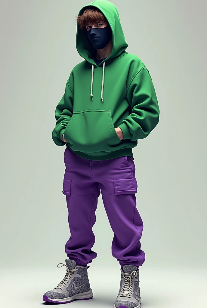 Draw a guy wearing a green hoodie and purple pants., he also wears diamond shoes. He has brown hair and always wears a mask that covers his entire face.