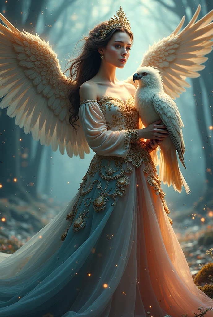 a woman in a colorful dress holding a large bird, detailed high quality 8k art, a beautiful fantasy queen, detailed digital art, highly detailed 4k digital art, detailed fantasy digital art, colorful digital fantasy art, 4k detailed drawing, fantasy art 2,5 days, fantasy illustration, beautiful digital artwork, full hd, 16k