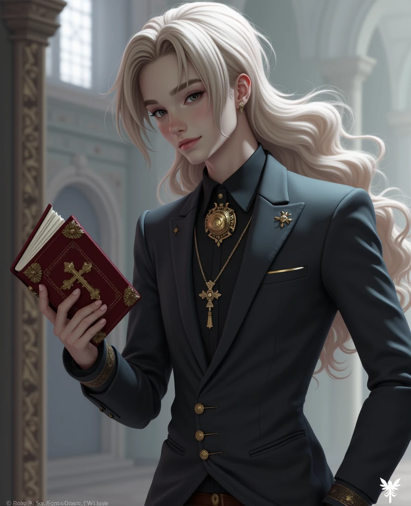 Youngh, posh, black fantasy, renascentist, long hair, holding a tome, with a detailed cross on the cover