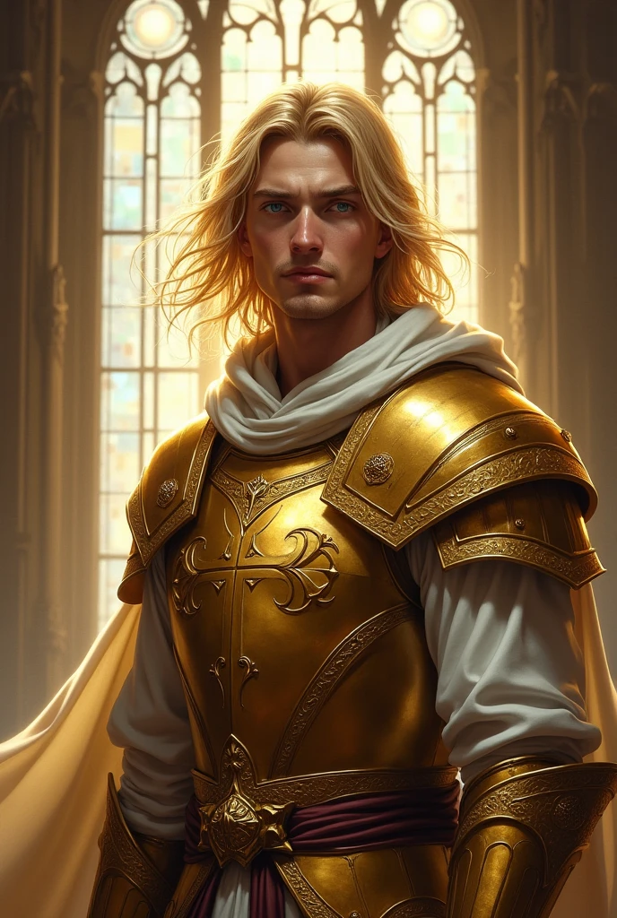 Create a male character with blond hair and wearing Realistic golden cleric armor